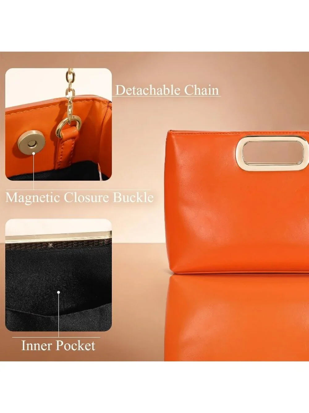 Women's Orange Clutch Handbag Modern Faux Leather with Metal Handle Evening Bag
